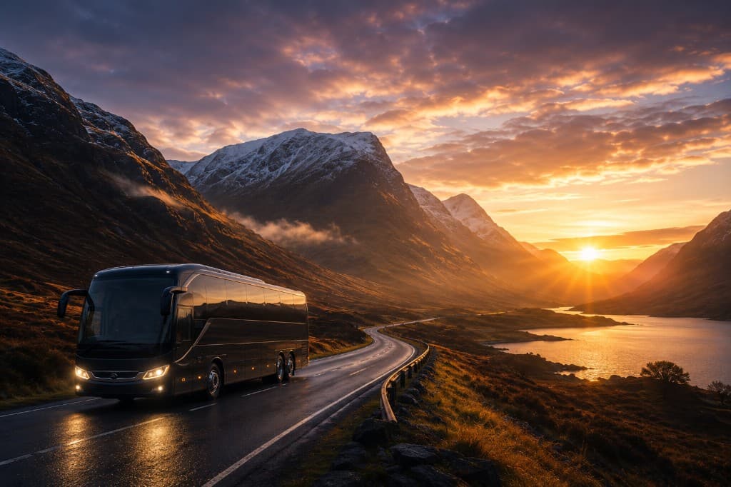Luxury coach travelling through the Scottish Highlands at sunset
