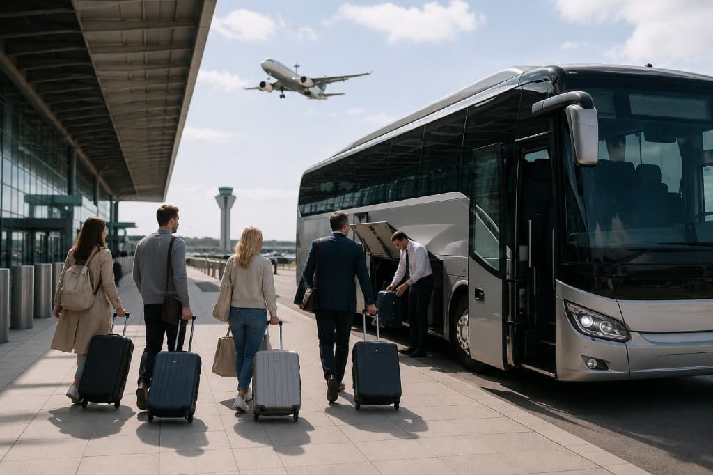Group of travellers boarding a luxury coach at the airport terminal for a group transfer