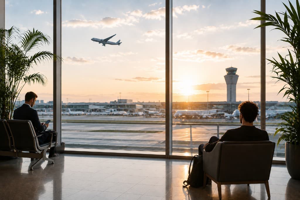 Passengers in an airport terminal lounge overlooking the airfield at sunset