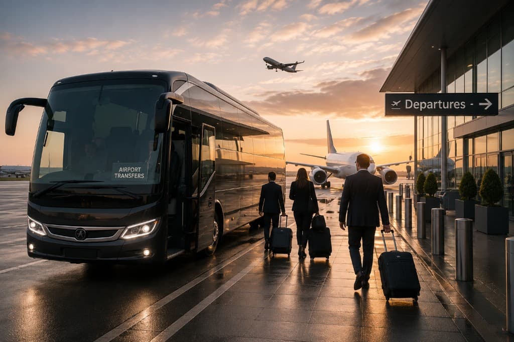Luxury coach at airport terminal for group airport transfers