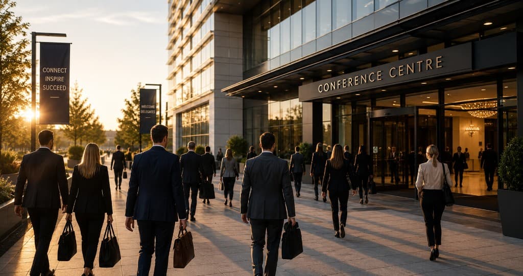 Business professionals walking toward a conference centre entrance for a corporate event