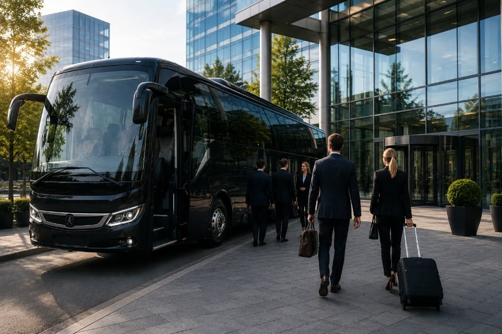 Executive coach outside corporate offices for business group travel