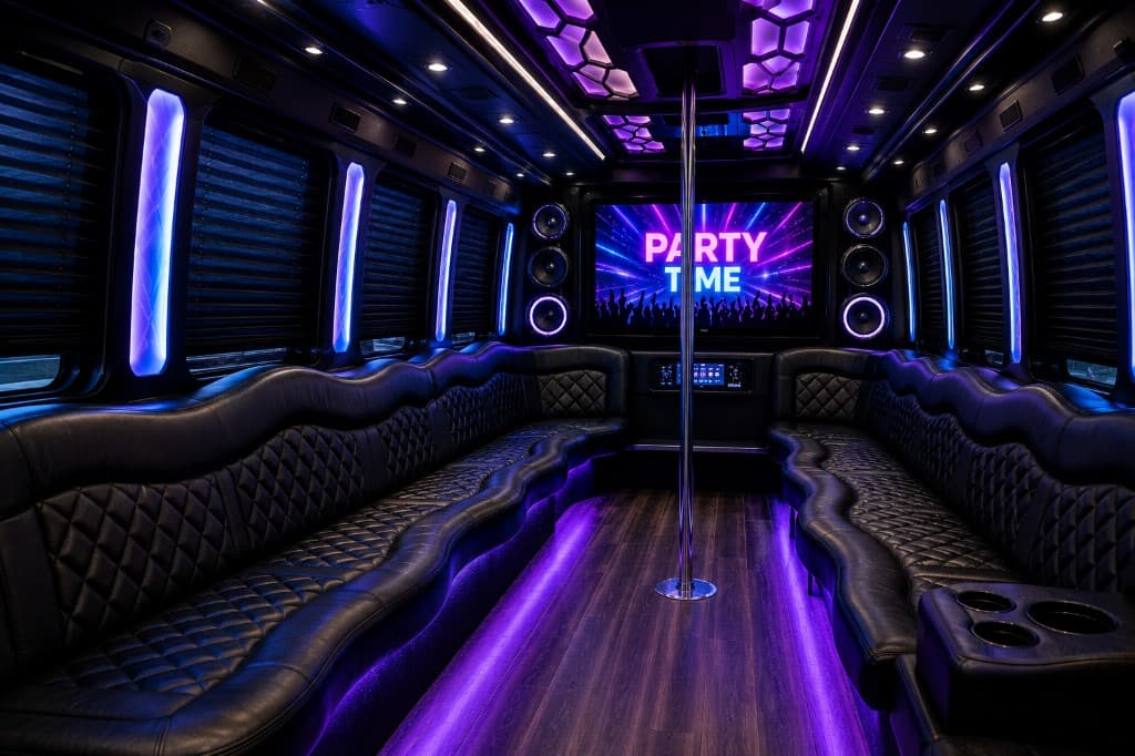 Luxury party bus interior with purple LED lighting and entertainment system