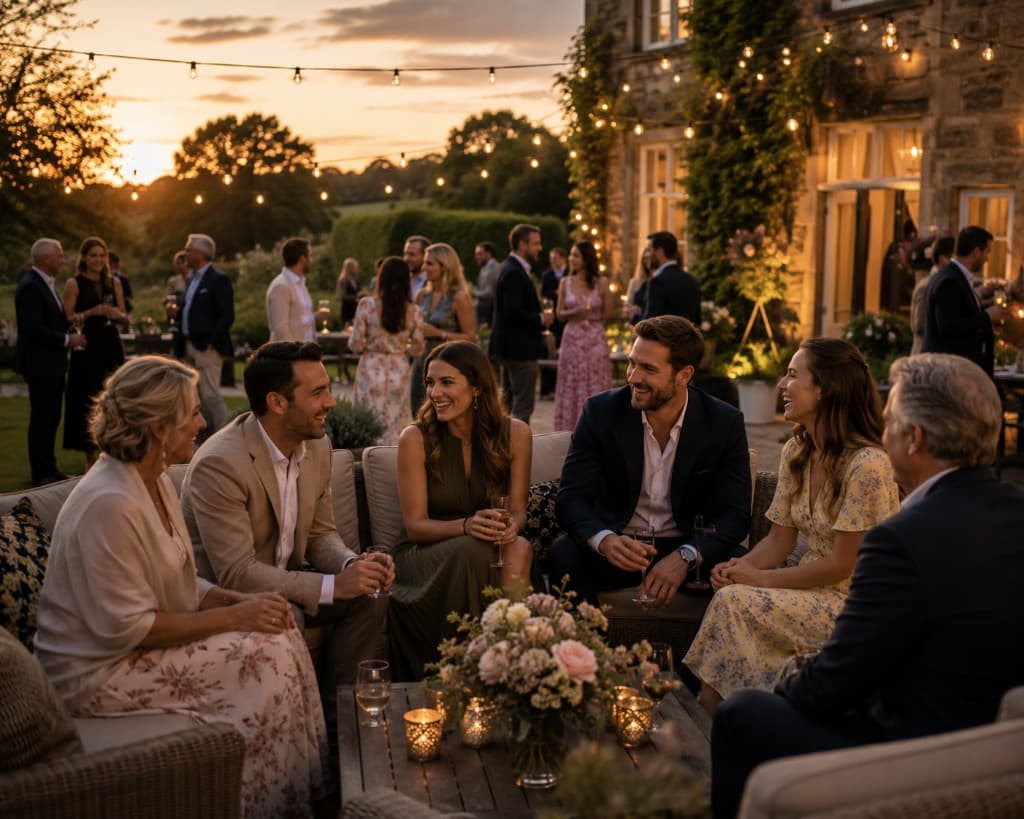 Guests enjoying an elegant outdoor private celebration at a country manor at sunset