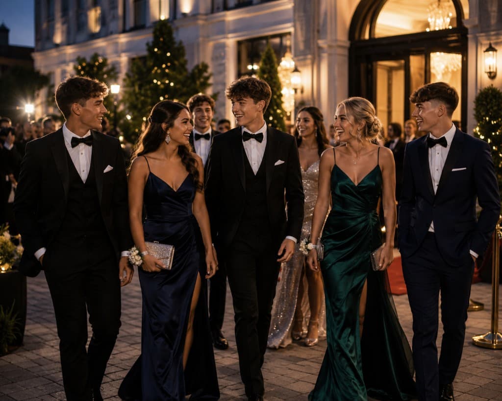 Students in formal wear arriving at a prom venue on a red carpet evening