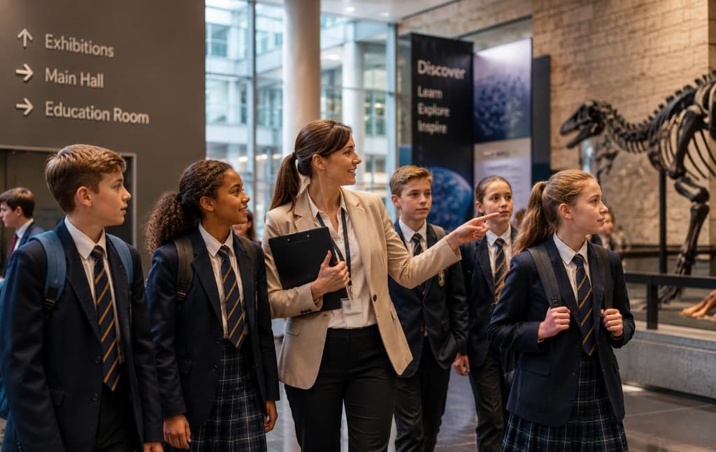 Teacher leading pupils in school uniform on an educational visit inside a museum