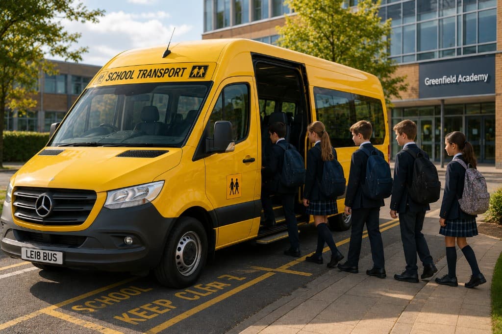 Yellow school minibus with pupils boarding at Greenfield Academy