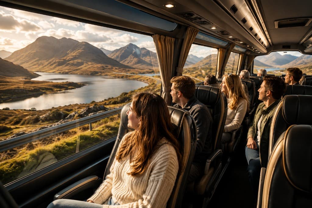 Passengers enjoying panoramic views of a Scottish loch and mountains from a luxury coach at sunset