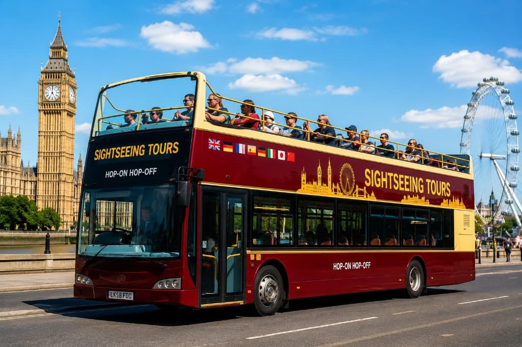 Open top sightseeing tour bus passing Big Ben and the London Eye