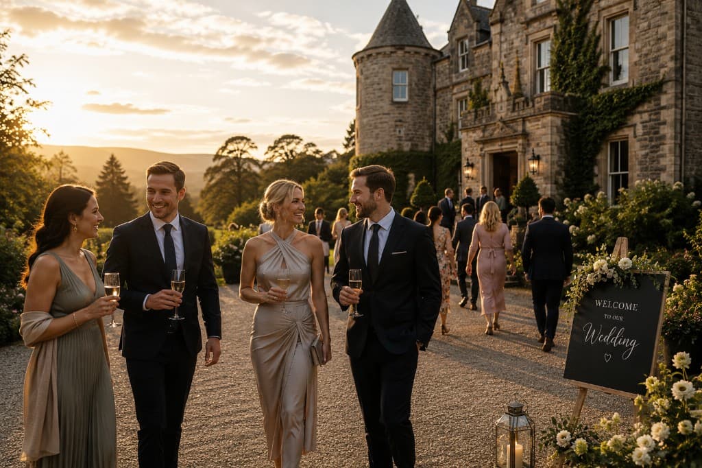 Wedding guests with champagne outside a Scottish castle venue at sunset