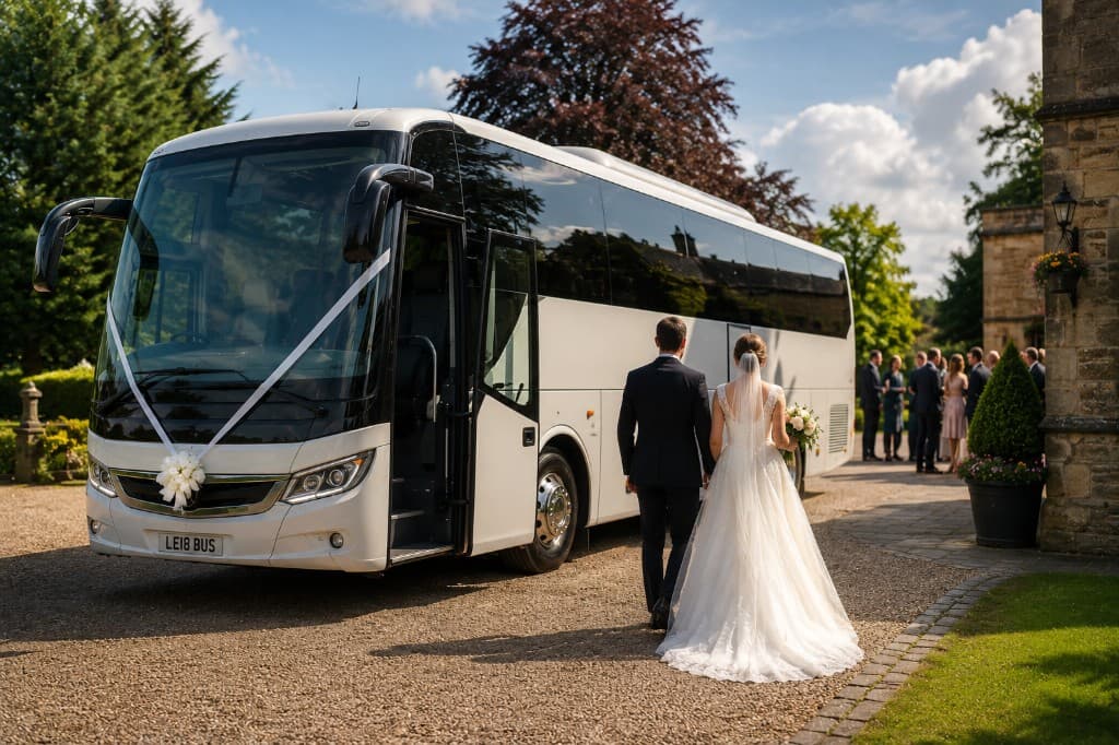 White wedding coach with bride and groom at a country venue